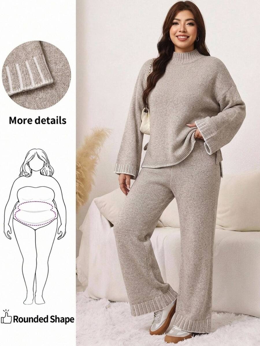 SHEIN LUNE Plus Size Women's Stand Collar Dropped Shoulder Long Sleeve Knot Design Sweater Knit Pants Set Formal Home Grey Fall Casual Corset Baggy Winter - Grey - View 1