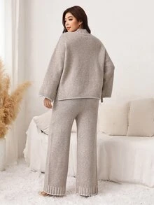 SHEIN LUNE Plus Size Women's Stand Collar Dropped Shoulder Long Sleeve Knot Design Sweater Knit Pants Set Formal Home Grey Fall Casual Corset Baggy Winter - Grey - View 2