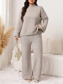 SHEIN LUNE Plus Size Women's Stand Collar Dropped Shoulder Long Sleeve Knot Design Sweater Knit Pants Set Formal Home Grey Fall Casual Corset Baggy Winter - Grey - View 4