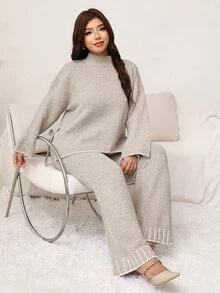 SHEIN LUNE Plus Size Women's Stand Collar Dropped Shoulder Long Sleeve Knot Design Sweater Knit Pants Set Formal Home Grey Fall Casual Corset Baggy Winter - Grey - View 7