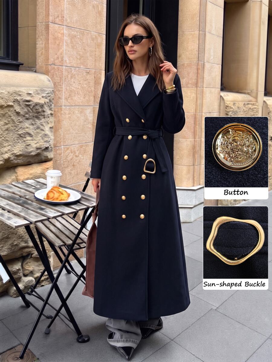 Modelyn Women's Premium Thickened Metal Buckle Long Sleeve Long Coat, Elegant Overcoat, Autumn/Winter