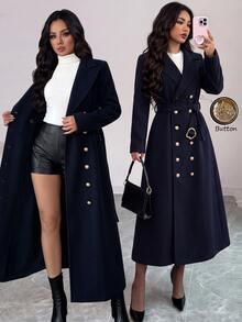 Modelyn Women's Premium Thickened Metal Buckle Long Sleeve Long Coat, Elegant Overcoat, Autumn/Winter - Navy Blue - View 7