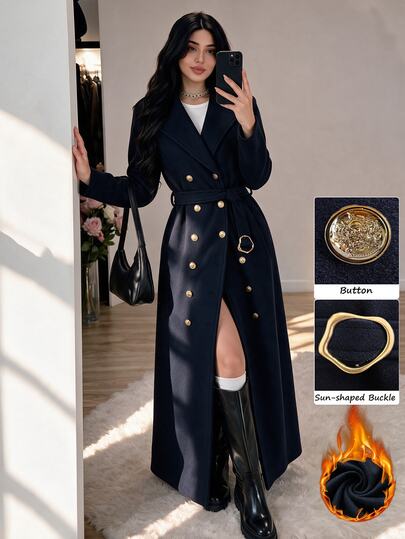Modelyn Women's Premium Thickened Metal Buckle Long Sleeve Long Coat, Elegant Overcoat, Autumn/Winter