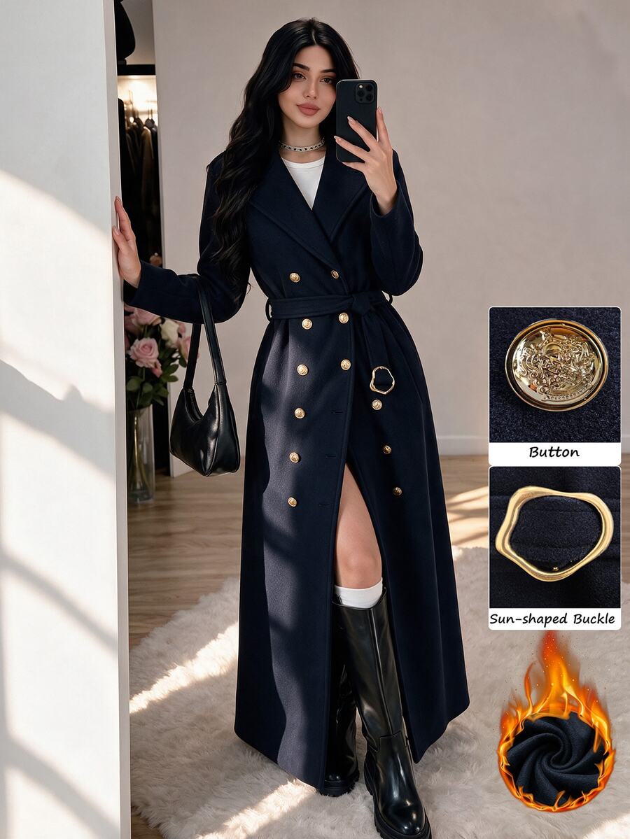 Modelyn Women's Premium Thickened Metal Buckle Long Sleeve Long Coat, Elegant Overcoat, Autumn/Winter