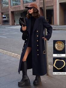 Modelyn Women's Premium Thickened Metal Buckle Long Sleeve Long Coat, Elegant Overcoat, Autumn/Winter - Navy Blue - View 6