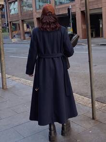 Modelyn Women's Premium Thickened Metal Buckle Long Sleeve Long Coat, Elegant Overcoat, Autumn/Winter - Navy Blue - View 3