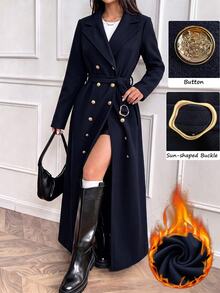 Modelyn Women's Premium Thickened Metal Buckle Long Sleeve Long Coat, Elegant Overcoat, Autumn/Winter - Navy Blue - View 4