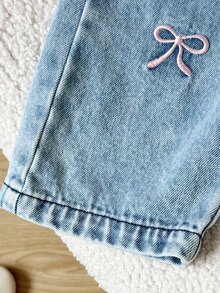 SHEIN Playful Pals 2件組女嬰針織開襟上衣與牛仔褲套裝，可愛粉藍色羅紋刺繡蝴蝶結長袖圓領常規版派對秋季毛衣，舒適彈性腰頭 - 粉色 - 查看 8