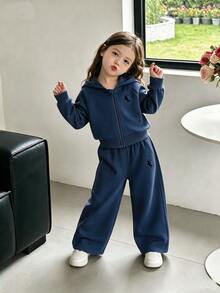 SHEIN ChillGRL Streecool 青少女 2 件套秋季服飾 常規厚度針織休閒連帽拉鍊外套與寬鬆寬腿長褲套裝 馬術運動風格 - 藏蓝色 - 查看 2