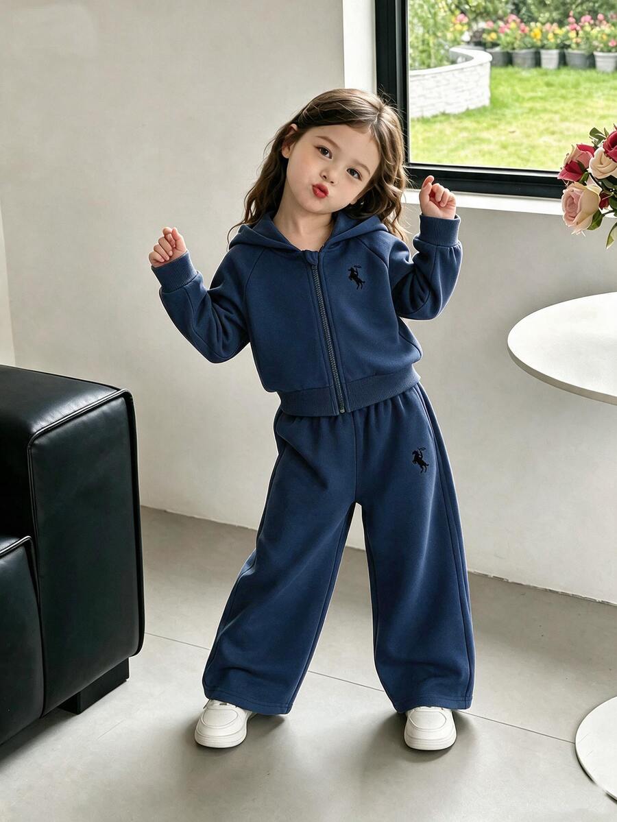SHEIN ChillGRL Streecool 青少女 2 件套秋季服飾 常規厚度針織休閒連帽拉鍊外套與寬鬆寬腿長褲套裝 馬術運動風格