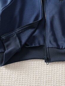 SHEIN ChillGRL Streecool 青少女 2 件套秋季服飾 常規厚度針織休閒連帽拉鍊外套與寬鬆寬腿長褲套裝 馬術運動風格 - 藏蓝色 - 查看 9