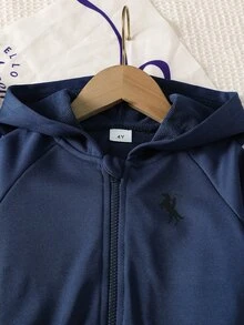 SHEIN ChillGRL Streecool 青少女 2 件套秋季服飾 常規厚度針織休閒連帽拉鍊外套與寬鬆寬腿長褲套裝 馬術運動風格 - 藏蓝色 - 查看 6