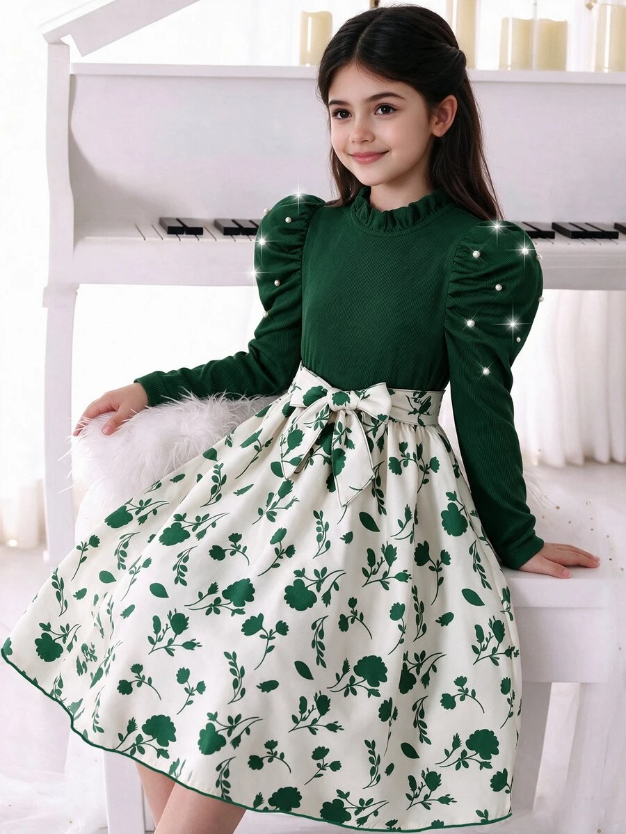 SHEIN 青少年女孩深綠色米色花瓣袖花卉印花A字裙,適合婚禮、聖誕、伴娘、派對、秋季,可愛優雅 - 彩色 - 查看 1