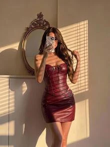 SHEIN MOD Women's PU Leather Front Lace-Up Bandeau Top And Skirt Fashion Sexy 2 Pieces Set Autumn Beach Rave Party Concert Outfit Halloween Costume Burgundy - Burgundy - View 2
