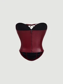 SHEIN MOD Women's PU Leather Front Lace-Up Bandeau Top And Skirt Fashion Sexy 2 Pieces Set Autumn Beach Rave Party Concert Outfit Halloween Costume Burgundy - Burgundy - View 7