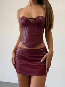 SHEIN MOD Women's PU Leather Front Lace-Up Bandeau Top And Skirt Fashion Sexy 2 Pieces Set Autumn Beach Rave Party Concert Outfit Halloween Costume Burgundy - Burgundy - View 1