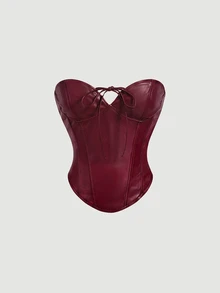 SHEIN MOD Women's PU Leather Front Lace-Up Bandeau Top And Skirt Fashion Sexy 2 Pieces Set Autumn Beach Rave Party Concert Outfit Halloween Costume Burgundy - Burgundy - View 6