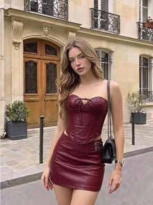 SHEIN MOD Women's PU Leather Front Lace-Up Bandeau Top And Skirt Fashion Sexy 2 Pieces Set Autumn Beach Rave Party Concert Outfit Halloween Costume Burgundy - Burgundy - View 5