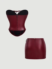 SHEIN MOD Women's PU Leather Front Lace-Up Bandeau Top And Skirt Fashion Sexy 2 Pieces Set Autumn Beach Rave Party Concert Outfit Halloween Costume Burgundy - Burgundy - View 14