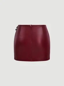 SHEIN MOD Women's PU Leather Front Lace-Up Bandeau Top And Skirt Fashion Sexy 2 Pieces Set Autumn Beach Rave Party Concert Outfit Halloween Costume Burgundy - Burgundy - View 9
