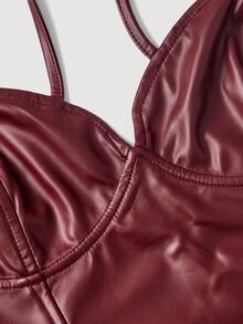 SHEIN MOD Women's PU Leather Front Lace-Up Bandeau Top And Skirt Fashion Sexy 2 Pieces Set Autumn Beach Rave Party Concert Outfit Halloween Costume Burgundy - Burgundy - View 10