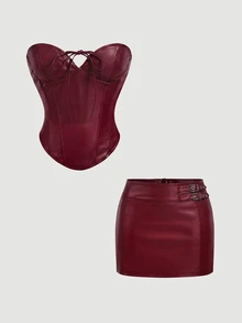 SHEIN MOD Women's PU Leather Front Lace-Up Bandeau Top And Skirt Fashion Sexy 2 Pieces Set Autumn Beach Rave Party Concert Outfit Halloween Costume Burgundy - Burgundy - View 4