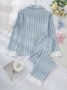 法式少女風青少年女款睡衣套裝，長袖開襟設計開襟衫、蝴蝶結領口、長褲，袖口與下擺白色荷葉邊飾，休閒舒適兩件式居家服 - 彩色 - 查看 3