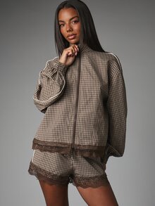 MISSGUIDED Checked Plaid Long Sleeve Lightweight Jacket With Lace Trim Hem Relaxed Fit Summer Holiday Casual - Multicolor - View 1