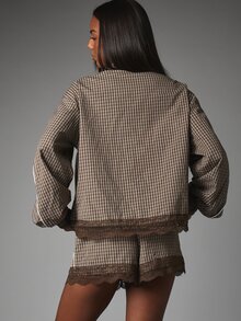 MISSGUIDED Checked Plaid Long Sleeve Lightweight Jacket With Lace Trim Hem Relaxed Fit Summer Holiday Casual - Multicolor - View 4