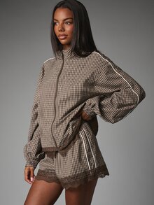 MISSGUIDED Checked Plaid Long Sleeve Lightweight Jacket With Lace Trim Hem Relaxed Fit Summer Holiday Casual - Multicolor - View 5