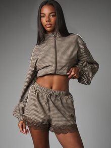 MISSGUIDED Mini Shorts a Cuadros con Detalle de Borde de Encaje y Cintura Elástica, Estilo Casual para Ocasiones Festivas de Otoño e Invierno - Multicolor - Ver 5