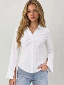 SHEIN Sparklyn Teen Girls Solid Ruched Front Button Up V-Neck Shirt Fall Winter Slim Fit Blouse Elegant Casual Long Flounce Sleeve School Formal Top Party White - White - View 5