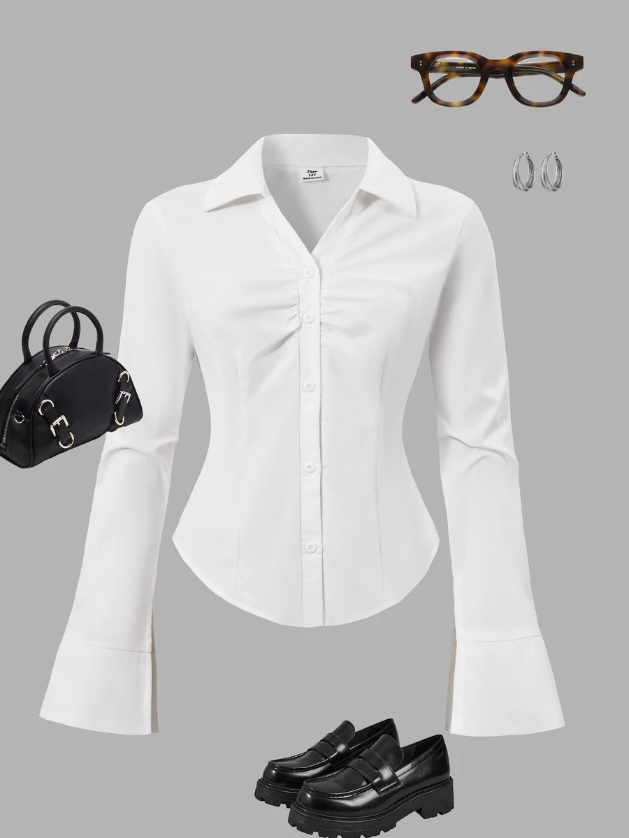 SHEIN Sparklyn Teen Girls Solid Ruched Front Button Up V-Neck Shirt Fall Winter Slim Fit Blouse Elegant Casual Long Flounce Sleeve School Formal Top Party White - White - View 1