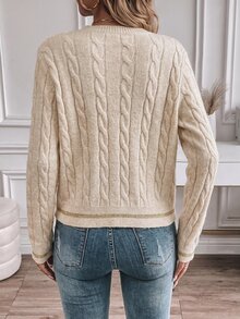 Pariaura Women's Cable Knit Button Crew Neck Long Sleeve Cardigan, Suitable For Fall/ Wear Brunch Office French Elegant - Apricot - View 2
