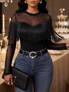 SHEIN Lady Women's Solid Color Contrast Mesh Long Sleeve Tassel Trim Fashion Top - Black - View 1