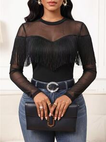 SHEIN Lady Women's Solid Color Contrast Mesh Long Sleeve Tassel Trim Fashion Top - Black - View 8