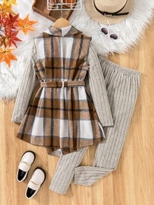 SHEIN Tween Girl Fashion Plaid Belted Vest Outerwear 3pcs Set, Comfy Casual Rib Knit Mock Neck Long Sleeve Top With Elastic Waist Long Pants, Fall Outfit - Multicolor - View 2