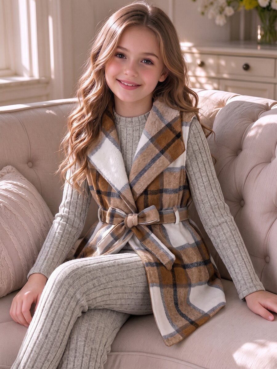 SHEIN Tween Girl Fashion Plaid Belted Vest Outerwear 3pcs Set, Comfy Casual Rib Knit Mock Neck Long Sleeve Top With Elastic Waist Long Pants, Fall Outfit - Multicolor - View 1