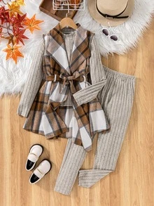 SHEIN Tween Girl Fashion Plaid Belted Vest Outerwear 3pcs Set, Comfy Casual Rib Knit Mock Neck Long Sleeve Top With Elastic Waist Long Pants, Fall Outfit - Multicolor - View 3