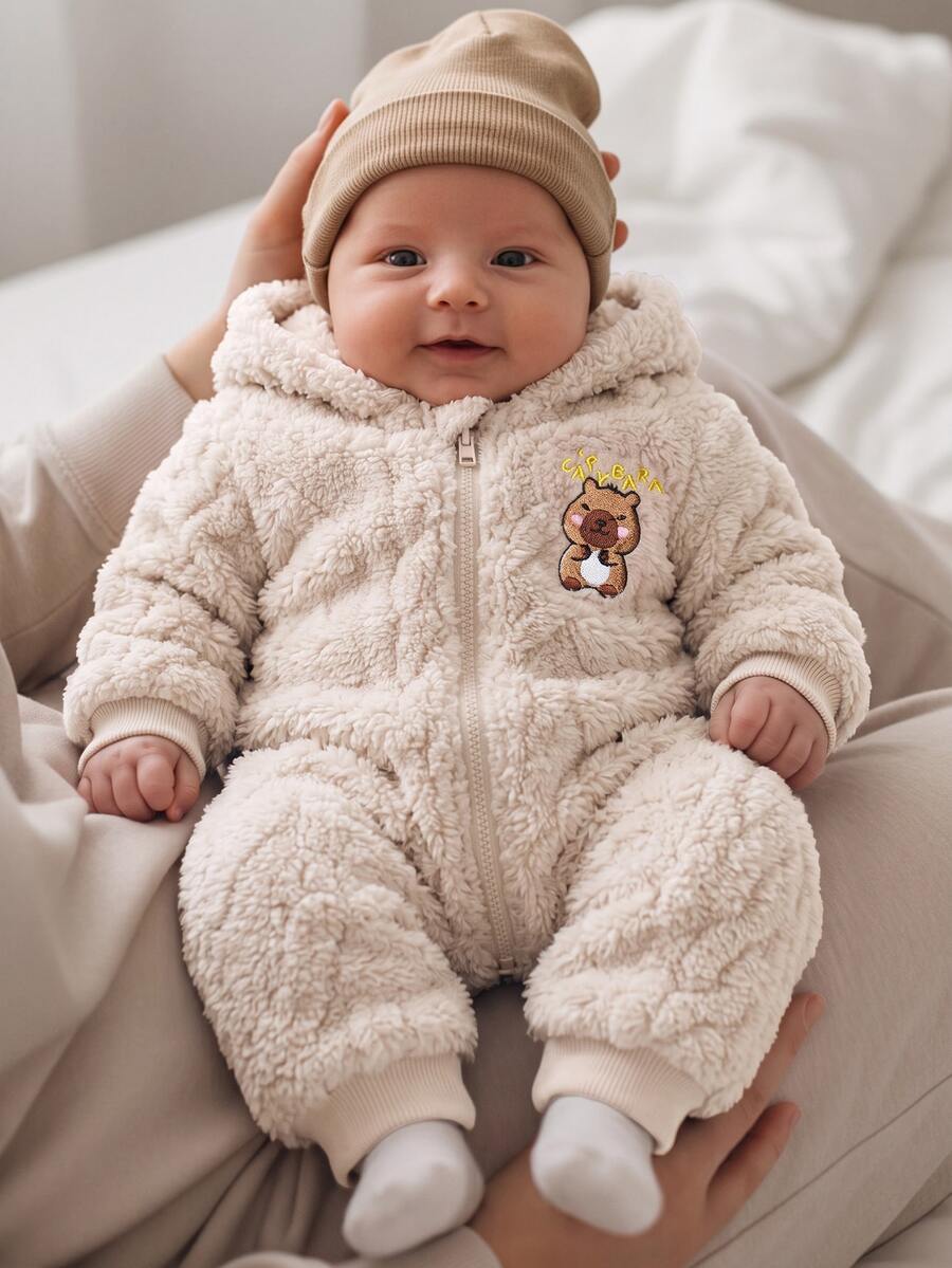 Cozy Pixies 新生女嬰卡通熊圖案保暖內裡加厚連帽長袖連身衣 秋冬連身褲 - 杏色 - 查看 1