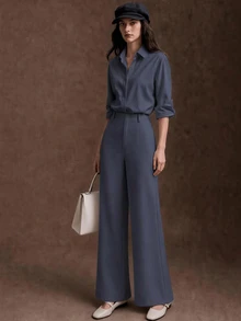 SHEIN Franclia New Button-Up Solid Color Shirt And Straight Leg Casual Pants Set - Grey - View 4