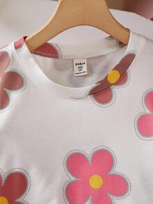 SHEIN Tween Girls Short Sleeve Round Neck Floral All-Over Print T-Shirt High Waist Textured Wide Leg Pants Set Summer Cute Pink Holiday White School Brown - Pink - View 4