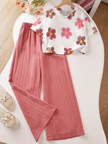 SHEIN Tween Girls Short Sleeve Round Neck Floral All-Over Print T-Shirt High Waist Textured Wide Leg Pants Set Summer Cute Pink Holiday White School Brown - Pink - View 2