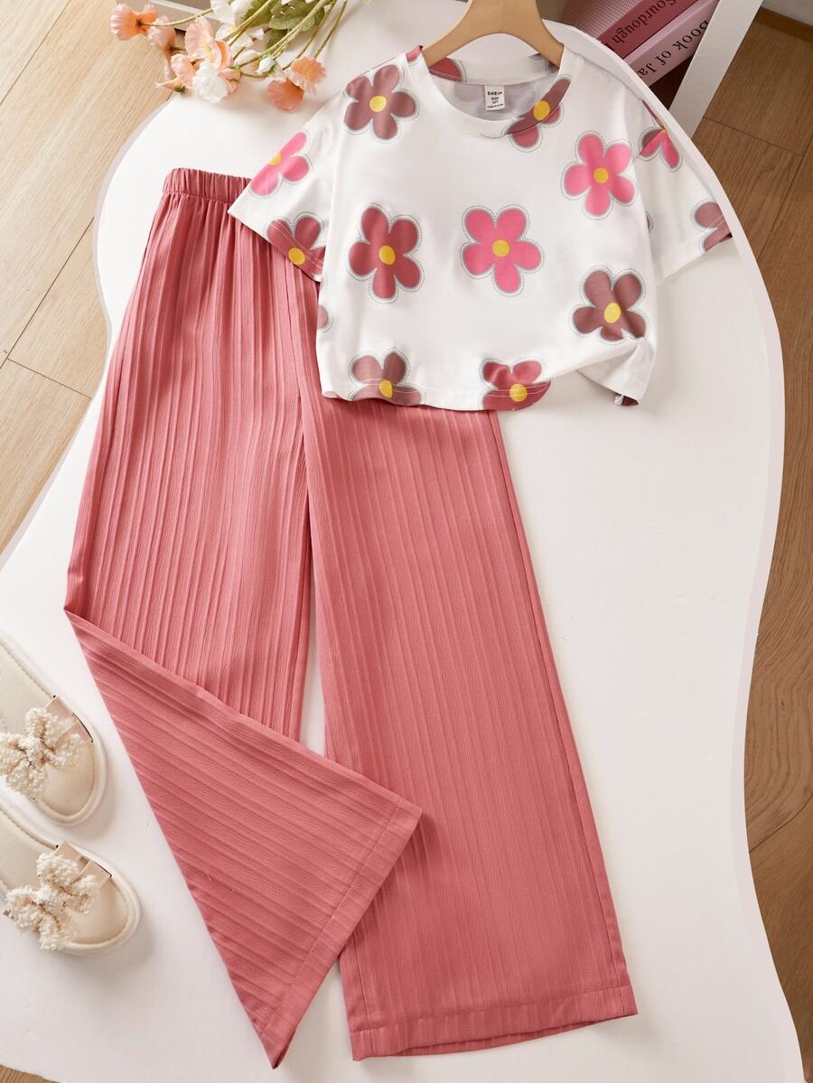 SHEIN Tween Girls Short Sleeve Round Neck Floral All-Over Print T-Shirt High Waist Textured Wide Leg Pants Set Summer Cute Pink Holiday White School Brown