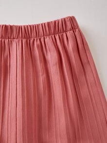 SHEIN Tween Girls Short Sleeve Round Neck Floral All-Over Print T-Shirt High Waist Textured Wide Leg Pants Set Summer Cute Pink Holiday White School Brown - Pink - View 8