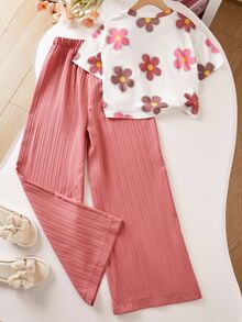 SHEIN Tween Girls Short Sleeve Round Neck Floral All-Over Print T-Shirt High Waist Textured Wide Leg Pants Set Summer Cute Pink Holiday White School Brown - Pink - View 3