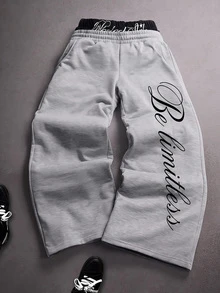 SHEIN 青少年男孩字母圖案保暖內裡 2 合 1 腰部運動長褲 - 灰色 - 查看 1
