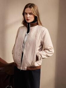 Nima Coro Women's Letter Embroidery Design Contrast Color Zipper Front Jacket - Apricot - View 4