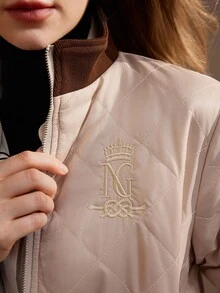 Nima Coro Women's Letter Embroidery Design Contrast Color Zipper Front Jacket - Apricot - View 5
