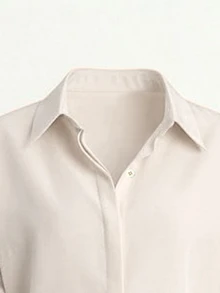 SHEIN Franclia 新款纯色前开襟纽扣卷袖衬衫搭配直筒裤休闲通勤套装 - 杏色 - 查看 4